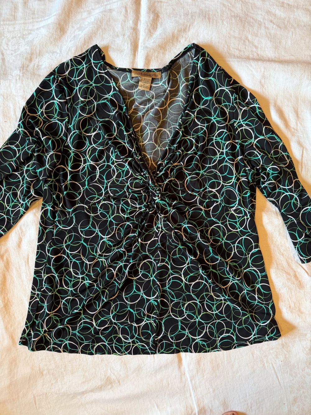 Notations Black V-Neck Midi Top with Teal and Mint Ring Print